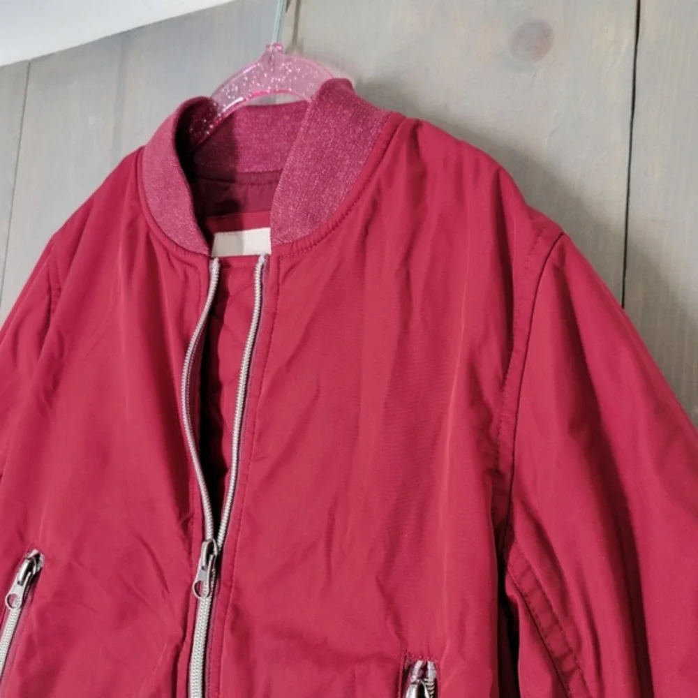 Catimini Bomber Jacket Kids 6 Pink Red‎ Embroidered Heart Floral Leopard Zip